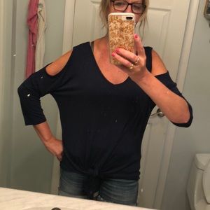 Open shoulder navy blouse